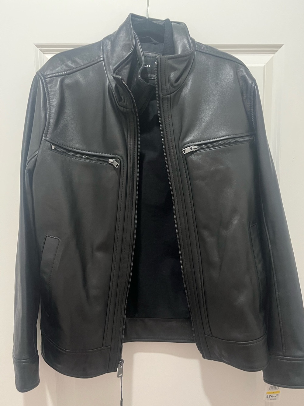 Andrew Marc Black Leather Bomber Jacket with Zip Pockets